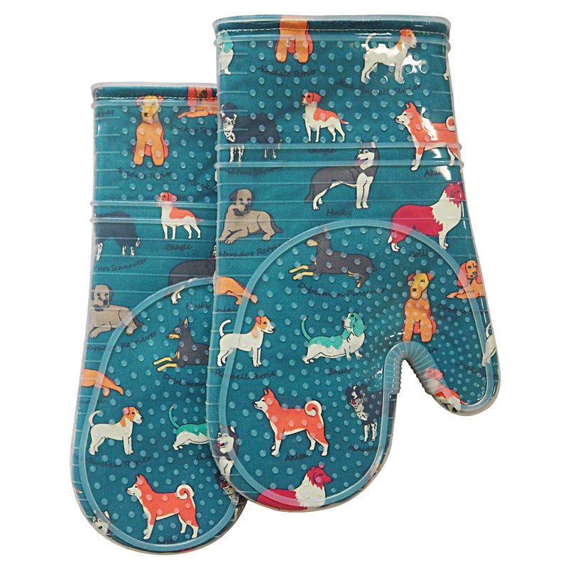 RED LMLDETA Oven Mitts Set of 2 with Transparent Clear Silicone Shell and Nice Dog Printing Cotton Lining, Heat Resistant to 500 F Kitchen Oven Gloves Pot Holder for Cooking (Blue) - Image 1
